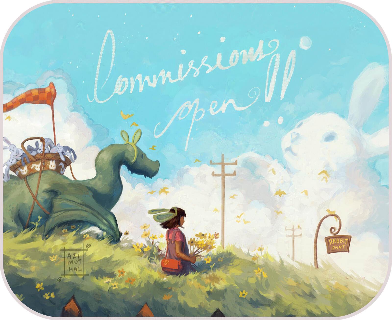 a kidlit scene with the title 'commissions open'
